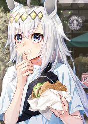 Rule 34 | 1girl, absurdres, ahoge, alternate costume, animal ears, black eyes, blurry, blurry background, brand name imitation, burger, commentary, day, fanny pack, food, food on face, hair ornament, highres, holding, holding food, horse ears, kento (kentdrawing), long hair, looking afar, oguri cap (umamusume), outdoors, shirt, short sleeves, solo, starbucks, symbol-only commentary, umamusume, upper body, white hair, white shirt, wiping mouth