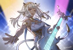 Rule 34 | animal ears, ash (fire emblem), bare shoulders, breasts, cow ears, cow girl, cow horns, cow tail, electric guitar, fire emblem, fire emblem heroes, guitar, highres, horns, instrument, juria0801, medium breasts, nintendo, one eye closed, solo, stage, tail, white hair, yellow eyes