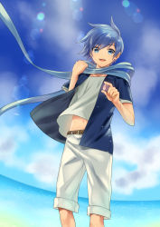 Rule 34 | 1boy, beach, belt, blue eyes, blue hair, blue scarf, blue shirt, blue sky, cloud, commentary, cowboy shot, day, holding, holding shell, kaito (vocaloid), kikuchi mataha, lens flare, looking at viewer, male focus, midriff peek, navel, ocean, open clothes, open mouth, open shirt, outdoors, scarf, shell, shirt, shorts, sky, smile, solo, sparkle, standing, summer, vocaloid, white shirt, white shorts