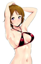 Rule 34 | 10s, 1girl, :o, alp, armpits, arms behind head, arms up, bare shoulders, bikini, bikini top only, blush, breasts, brown hair, cleavage, female focus, halterneck, hands on own head, koizumi hanayo, large breasts, looking at viewer, love live!, love live! school idol project, navel, o-ring, o-ring bikini, o-ring top, purple eyes, short hair, simple background, solo, standing, swept bangs, swimsuit, upper body, white background