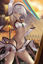 Rule 34 | 10s, 1girl, absurdres, altera (fate), armpits, bare shoulders, battlefield, black nails, blunt bangs, breasts, choker, closed mouth, cloud, collarbone, dark-skinned female, dark skin, day, detached sleeves, earmuffs, fate/extella, fate/extra, fate (series), fighting stance, full-body tattoo, headdress, highres, holding, holding sword, holding weapon, jewelry, legs, light rays, midriff, multicolored sky, nail polish, navel, nekobell, photon ray (fate), polearm, red eyes, revealing clothes, short hair, showgirl skirt, skirt, sky, small breasts, solo, stomach, sword, tan, tattoo, thighs, veil, weapon, white hair, white skirt
