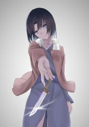 Rule 34 | 1girl, absurdres, bad id, bad pixiv id, black hair, blue eyes, fate/grand order, fate (series), fur-trimmed jacket, fur trim, gradient background, grey background, head tilt, highres, jacket, japanese clothes, kara no kyoukai, kimono, knife, looking at viewer, outstretched arm, ryougi shiki, short hair, solo, tarou (korehanani), white background