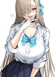 Rule 34 | 1girl, asuna (blue archive), asymmetrical bangs, blue archive, blue bow, blue bowtie, blue nails, blue ribbon, blue skirt, bow, bowtie, breasts, collared shirt, hair ornament, hair over one eye, hair ribbon, hand up, heart, highres, large breasts, long sleeves, looking at viewer, nail polish, pleated skirt, ribbon, school uniform, shirt, shirt tucked in, simple background, skirt, sky-freedom, smile, solo, tented shirt, tongue, tongue out, white background, white shirt