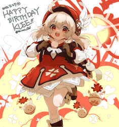Rule 34 | 1girl, backpack, bag, blonde hair, bloomers, boots, brown footwear, brown gloves, character name, child, clover, dated, dress, english text, explosion, four-leaf clover, genshin impact, gloves, hair between eyes, happy birthday, hat, klee (genshin impact), leg up, looking at viewer, low twintails, open mouth, pointy ears, red dress, red eyes, red hat, simple background, tamaon, twintails, twitter username, underwear, white background