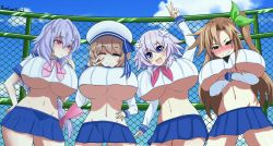 Rule 34 | 4girls, absurdres, alternate breast size, alternate costume, arms under breasts, blanc (neptunia), blue eyes, blush, braid, breasts, choujigen game neptune, cleavage, closed mouth, commission, commissioner upload, cowboy shot, crossed arms, d-pad, eyes visible through hair, green eyes, hair ornament, hand up, hat, highres, huge breasts, if (neptunia), kami jigen game neptune v, leaf hair ornament, looking at viewer, miniskirt, multiple girls, naughty face, navel, neptune (neptunia), neptune (series), no bra, no panties, one eye closed, open mouth, outdoors, purecorex, purple eyes, purple hair, pururut, red eyes, ribbon, rooftop, school uniform, shiny skin, shirt, side ponytail, single braid, skirt, sky, smile, smug, standing, stomach, thighs, v