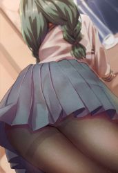 Rule 34 | 1boy, 1girl, ass, ass focus, black pantyhose, braid, close-up, coffee, coffee cup, cup, disposable cup, facing away, formal, from behind, green eyes, head out of frame, highres, leaning forward, nenosame, pantyhose, pleated skirt, princess connect!, skirt, suit, twin braids, yuni (princess connect!), yuni (real) (princess connect!)
