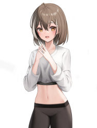 Rule 34 | 1girl, :d, absurdres, ahoge, alternate costume, bad id, bad pixiv id, blush, brown eyes, brown hair, crop top, doenji (auto7233), fingers together, highres, hololive, hololive english, long sleeves, multicolored hair, nanashi mumei, navel, open mouth, pants, short hair, smile, solo, streaked hair, virtual youtuber, yoga pants