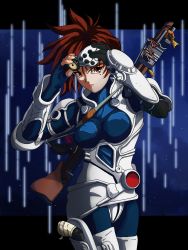 Rule 34 | 1980s (style), 1girl, absurdres, blue bodysuit, blue gloves, bodysuit, brown eyes, brown hair, commentary, english commentary, eyewear on head, fingerless gloves, fritz willie, gloves, gun, highres, iria (iria zeiram the animation), iria zeiram the animation, looking to the side, mole, mole under eye, oldschool, retro artstyle, rifle, science fiction, short hair, solo, v-shaped eyebrows, visor, weapon, weapon on back