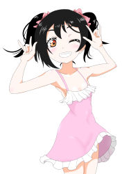 Rule 34 | 1girl, absurdres, artist name, artist request, bare shoulders, black hair, blush, bow, breasts, collarbone, female focus, flat chest, hair bow, highres, looking at viewer, love live!, love live! school idol project, nico nico nii, one eye closed, parted lips, pink shirt, pink skirt, red eyes, sansei (pixiv22726086), shirt, short hair, skirt, small breasts, smile, solo, twintails, white background, yazawa nico