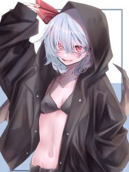Rule 34 | 1girl, :d, arm up, black bra, black coat, blue hair, bow, bra, breasts, coat, collarbone, covered erect nipples, fangs, groin, hair between eyes, hair bow, highres, hood, hood up, hooded coat, midriff, navel, open clothes, open coat, open mouth, red bow, red eyes, remilia scarlet, short hair, small breasts, smile, solo, standing, stomach, touhou, tsune (tune), underwear