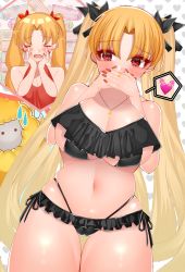 Rule 34 | 1girl, bikini, black bikini, black ribbon, blonde hair, blush, breasts, cleavage, collarbone, covering own mouth, dumuzid (fate), embarrassed, ereshkigal (fate), fate/grand order, fate (series), hair ribbon, highres, jewelry, large breasts, long hair, nail polish, navel, necklace, red nails, red ribbon, ribbon, ring, side-tie bikini bottom, stomach, string bikini, swimsuit, thick thighs, thigh gap, thighs, twintails