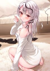 Rule 34 | 1girl, absurdres, bare shoulders, barefoot, bed, black hair, blush, bottomless, braid, breasts, cleavage, closed mouth, commentary request, ear piercing, feet, from behind, grey hair, hair ornament, hairclip, highres, hololive, large breasts, long hair, long sleeves, looking at viewer, messy hair, multicolored hair, null maru, off shoulder, piercing, pout, red eyes, red nails, sakamata chloe, seiza, shirt, sitting, sleeves past wrists, soles, solo, streaked hair, sweatdrop, toes, virtual youtuber, white shirt, x hair ornament
