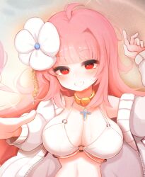 Rule 34 | 1girl, ahoge, bikini, blush, breasts, cleavage, cross, curvy, dungeon and fighter, flower, hair flower, hair ornament, hwaryeok, large breasts, long hair, long sleeves, looking at viewer, navel, o-ring, o-ring top, original, pink hair, red eyes, solo, sweater, swimsuit, upper body, white bikini, white sleeves
