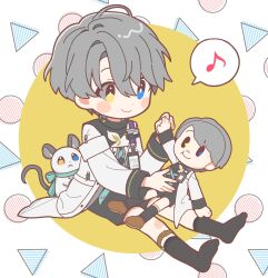 Rule 34 | 1boy, black sclera, black shorts, black socks, blue eyes, character doll, chibi, circle, coat, colored sclera, eighth note, full body, grey hair, heterochromia, highres, holding, holding stuffed toy, looking at object, male focus, mismatched sclera, mouse (animal), musical note, no shoes, on ground, panri, reverse:1999, short hair, shorts, sitting, smile, socks, solo, spoken musical note, stuffed toy, triangle, two-tone background, white background, white coat, x (reverse:1999), yellow background, yellow eyes