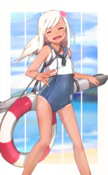 Rule 34 | 10s, 1girl, awachi, blonde hair, closed eyes, cloud, crop top, flower, hair flower, hair ornament, kantai collection, lifebuoy, long hair, md5 mismatch, open mouth, outside border, resolution mismatch, ro-500 (kancolle), sailor collar, school swimsuit, sky, solo, source larger, swim ring, swimsuit, swimsuit under clothes, tan, tanline, thighs, tongue, torpedo
