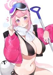 Rule 34 | 1girl, absurdres, animal, bikini, bird, black bikini, blue archive, blush, breasts, cleavage, deitaku, eimi (blue archive), eimi (swimsuit) (blue archive), goggles, goggles on head, halo, highres, large breasts, long hair, looking at viewer, official alternate costume, open mouth, penguin, pink eyes, pink hair, pink halo, ponytail, scarf, simple background, solo, swimsuit, white background, white scarf