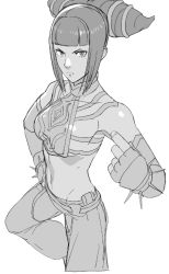 Rule 34 | 1girl, bracelet, breasts, detached sleeves, drill hair, greyscale, halterneck, han juri, hand on own hip, jewelry, looking at viewer, midriff, monochrome, oetaro, serious, short hair, sideboob, solo, spiked bracelet, spiked hair, spikes, street fighter, street fighter iv (series), twin drills, twintails