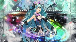 Rule 34 | 1girl, aqua hair, asymmetrical legwear, black legwear, blue eyes, blue vest, bow, bowtie, breasts, collar, commentary, confetti, cowboy shot, dress, english commentary, frilled collar, frilled dress, frills, gloves, hair between eyes, hand on own chest, hat, hatsune miku, highres, light rays, long hair, looking at viewer, magical mirai (vocaloid), magical mirai miku, magical mirai miku (2019), microphone, mini hat, mini top hat, mismatched legwear, music, open mouth, outstretched arm, pantyhose, pink bow, pink bowtie, rainbow order, screen, singing, sleeveless, sleeveless dress, small breasts, smile, solo, stage, stage lights, striped clothes, striped legwear, striped pantyhose, t-one, top hat, two-tone legwear, vertical-striped clothes, vertical-striped legwear, vertical-striped pantyhose, very long hair, vest, vocaloid, white dress, white gloves, white hat, white legwear, wrist cuffs