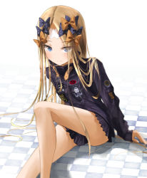 Rule 34 | 1girl, abigail williams (fate), abigail williams (traveling outfit) (fate), black bow, black jacket, blonde hair, blue eyes, blush, bow, checkered floor, closed mouth, crossed bandaids, eyes visible through hair, fate/grand order, fate (series), feet out of frame, hair bow, heroic spirit traveling outfit, highres, jacket, knee up, long hair, long sleeves, looking at viewer, multiple hair bows, official alternate costume, orange bow, parted bangs, polka dot, polka dot bow, sakazakinchan, sitting, sleeves past wrists, smile, solo, star (symbol), star print, very long hair