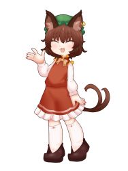 Rule 34 | 1girl, :3, :d, animal ear fluff, animal ears, arm at side, blackbad, bow, bowtie, brown hair, cat ears, cat tail, chen, closed eyes, earrings, fang, full body, gold trim, green hat, hand up, happy, hat, highres, jewelry, kneehighs, light blush, long sleeves, mob cap, multiple tails, nekomata, open mouth, puffy long sleeves, puffy sleeves, red skirt, red vest, short hair, simple background, single earring, skirt, smile, socks, solo, standing, tail, touhou, two tails, vest, white background, white socks, yellow bow, yellow bowtie