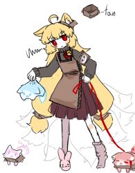 Rule 34 | 1girl, :&lt;, :3, = =, ahoge, animal, animal ears, animal slippers, apron, armband, asymmetrical legwear, bell, black sweater, blonde hair, blush stickers, box, box hair ornament, brown apron, brown armband, brown socks, cardboard, cardboard box, character name, closed eyes, closed mouth, commentary, danbooru (site), english commentary, extra tails, eyes visible through hair, fox, fox ears, fox tail, full body, holding, holding animal, holding leash, in box, in container, jitome, leash, long hair, long sleeves, looking at viewer, low twintails, neck bell, personification, purple skirt, red eyes, shibidayo, simple background, single slipper, skirt, slippers, sock pull, socks, solo, squiggle, sweater, tail, thick eyebrows, twintails, uneven legwear, very long hair, white background, | |