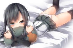 Rule 34 | 10s, 1girl, arm warmers, asashio (kancolle), ass, black hair, black thighhighs, blue eyes, covering own mouth, grey skirt, hugging object, kantai collection, long hair, lying, mizushina minato, on bed, on stomach, panties, pantyshot, pillow, pillow hug, pleated skirt, school uniform, skirt, solo, suspenders, thighhighs, underwear, upskirt, white panties