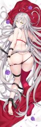 Rule 34 | 1girl, absurdres, ahoge, ass, barefoot, black gloves, black panties, blush, breasts, elbow gloves, fate/grand order, fate (series), feet, flower, from behind, frown, gloves, hair between eyes, highres, jeanne d&#039;arc (fate), jeanne d&#039;arc alter (avenger) (fate), jeanne d&#039;arc alter (fate), jeanne d&#039;arc alter (swimsuit berserker) (fate), large breasts, long hair, looking at viewer, messy hair, nipples, no shoes, panties, purple flower, pussy, red thighhighs, rin yuu, single thighhigh, solo, thighhighs, underwear, yellow eyes