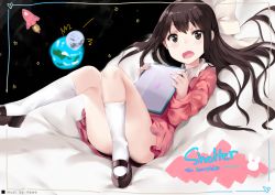 Rule 34 | 1girl, black eyes, black hair, bow, convenient leg, copyright name, dress, earth (planet), hair bow, hair ribbon, hews, kneehighs, long hair, looking at viewer, mary janes, moon, open mouth, planet, ribbon, rin (shelter), shelter (song), shoes, smile, socks, solo, spacecraft, tablet pc, white socks