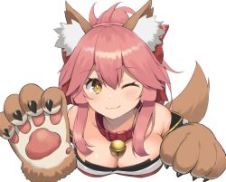 Rule 34 | 1girl, animal ears, animal hands, bare shoulders, bell, blush, breasts, brown eyes, cat ears, cleavage, closed mouth, collar, fate/grand order, fate (series), hair between eyes, large breasts, long hair, looking at viewer, neck bell, one eye closed, pink hair, smile, solo, suiroh (shideoukami), tamamo (fate), tamamo cat (fate), tamamo cat (first ascension) (fate), upper body