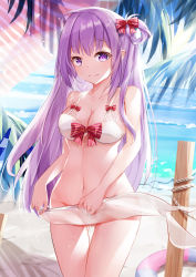 Rule 34 | 1girl, bare arms, bare shoulders, bikini, bow, breasts, cleavage, closed mouth, commentary request, day, gluteal fold, groin, hair bow, hair rings, highres, horizon, lifebuoy, long hair, looking at viewer, medium breasts, mutang, navel, original, outdoors, palm tree, purple eyes, purple hair, red bow, smile, solo, standing, striped, striped bow, swim ring, swimsuit, thigh gap, tree, very long hair, water, white bikini