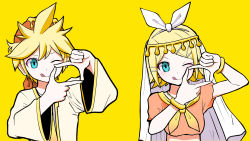 Rule 34 | blonde hair, bracelet, brother and sister, commentary request, cosmospice (vocaloid), hair ornament, highres, jacket, jewelry, kagamine len, kagamine rin, licking lips, looking at viewer, midriff, neckerchief, necktie, official art, one eye closed, open clothes, open jacket, original, pinocchio-p, siblings, simple background, tongue, tongue out, traditional clothes, turban, twins, veil, vocaloid, yellow background, yellow neckerchief, yellow necktie, yellow theme
