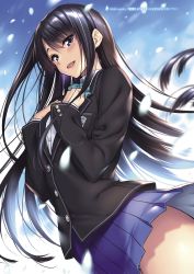 Rule 34 | 1girl, black hair, blazer, blue eyes, blue sky, blush, bow, bowtie, buttons, cherry blossoms, cloud, cloudy sky, day, hands on own chest, highres, isurugi yuki, jacket, lips, long hair, long sleeves, looking at viewer, niizuma lovely x cation, open mouth, outdoors, petals, piromizu, pleated skirt, school uniform, sidelocks, skirt, sky, smile, solo