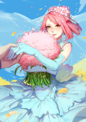Rule 34 | 1girl, bindi, blue dress, blue gloves, blush, bouquet, braid, bridal veil, bride, dated, day, dress, elbow gloves, flower, gem, gloves, green eyes, haruno sakura, highres, holding hands, jewelry, naruto, naruto (series), nose blush, outdoors, parted lips, pearl (gemstone), pink hair, ring, short hair, smile, solo focus, veil, wedding band, wedding dress, yuiko (yuiko33miao)