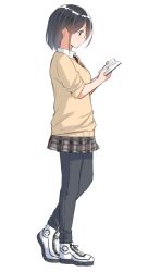 Rule 34 | 1girl, bad id, bad twitter id, black hair, blue eyes, book, brown skirt, collared shirt, commentary request, contrapposto, from side, full body, holding, holding book, necktie, open book, original, pants, pants under skirt, pleated skirt, profile, reading, red necktie, shirt, shoes, short hair, simple background, skirt, solo, standing, suzunari shizuku, sweater, white background, white footwear, white shirt, wing collar, yuki arare