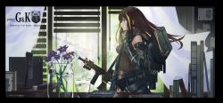 Rule 34 | 1girl, absurdres, assault rifle, book, brown hair, chinese commentary, commentary, commentary request, cup, drinking glass, english commentary, english text, garden, girls&#039; frontline, glass, griffin &amp; kryuger, grifon&amp;kryuger, gun, highres, m4 carbine, m4a1 (girls&#039; frontline), m4a1 (mod3) (girls&#039; frontline), mod3 (girls&#039; frontline), office, rifle, solo, weapon, weapon case, window, wjn-rance