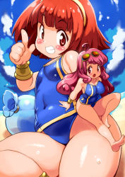 Rule 34 | 2girls, :d, barefoot, beach, blue sky, blunt bangs, blush stickers, bob cut, bracer, breasts, brown hair, casual one-piece swimsuit, collarbone, commentary request, cotton (character), cotton (game), covered navel, curly hair, day, eyewear on head, fairy, female focus, flat chest, from behind, grin, hand up, highres, horizon, index finger raised, large breasts, long hair, looking at viewer, multiple girls, ocean, one-piece swimsuit, open mouth, outdoors, pink eyes, pink hair, red eyes, shiny skin, short hair, silk (cotton), sky, smile, sunglasses, swimsuit, wet, yu 3
