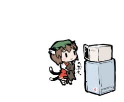 Rule 34 | 1girl, animal ears, bad id, bad pixiv id, brown hair, cat, cat ears, cat tail, chen, chibi, commentary, female focus, hat, lowres, microwave, multiple tails, refrigerator, short hair, solo, tail, touhou, transparent background, ume (noraneko)