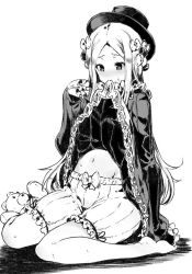 Rule 34 | 1girl, abigail williams (fate), barefoot, black dress, black hat, bloomers, blush, bow, clothes lift, dress, dress lift, fate/grand order, fate (series), feet, forehead, greyscale, hair bow, hat, hugging object, legs, long hair, long sleeves, monochrome, mouth hold, navel, parted bangs, ribbed dress, simple background, sitting, sleeves past fingers, sleeves past wrists, solo, stuffed animal, stuffed toy, sumisu (mondo), sweatdrop, teddy bear, thighs, underwear, wariza, white background