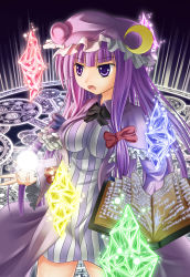 Rule 34 | 1girl, book, bow, breasts, crescent, crystal, dress, female focus, hair bow, hair ribbon, hat, highres, long hair, magic circle, medium breasts, multiple hair bows, patchouli knowledge, purple eyes, purple hair, ribbon, solo, striped clothes, striped dress, touhou, vertical-striped clothes, vertical-striped dress