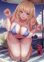 Rule 34 | 2girls, :d, atago (kancolle), bag, ball, beach, beach towel, beachball, bikini, blonde hair, blue bikini, blue sky, blush, bow, breasts, cleavage, cloud, collarbone, commentary request, covered erect nipples, day, full body, halterneck, hands up, highres, kakeku, kantai collection, kneeling, knees together feet apart, large breasts, leaning forward, long hair, looking at viewer, lotion, multiple girls, navel, ocean, open mouth, outdoors, shimakaze (kancolle), side-tie bikini bottom, side-tie bottom, sky, smile, solo focus, striped towel, sunscreen, swimsuit, teeth, tentacles, tiptoes, towel, water, wet, white bow