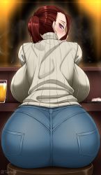 Rule 34 | 1girl, alcohol, artist name, ass, ayako (twrlare), backboob, bar (place), bar stool, beer, blush, breasts, brown hair, commentary, cup, denim, drinking glass, earrings, food, from behind, highres, hoop earrings, huge ass, huge breasts, indoors, jeans, jewelry, looking at viewer, looking back, mature female, original, pants, ponytail, purple eyes, red hair, ribbed sweater, sitting, smoke, solo, stool, sushi, sweat, sweater, tight clothes, turtleneck, turtleneck sweater, twitter username, twrlare, white sweater