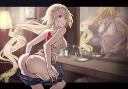Rule 34 | 1girl, :o, adjusting clothes, ass, backless outfit, bare back, bare shoulders, bent over, black panties, blonde hair, blue eyes, blue necktie, brat (brabrabrat00), breasts, command spell, cowboy shot, cup, dressing, drinking glass, fate/apocrypha, fate (series), indoors, jeanne d&#039;arc (fate), jeanne d&#039;arc (ruler) (fate), looking at viewer, medium breasts, mirror, necktie, panties, reflection, short shorts, shorts, solo, thong, underwear, wine glass