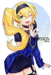 Rule 34 | 1girl, alternate costume, alternate hairstyle, arm support, artist name, belt, belt collar, black belt, black hairband, black nails, black shirt, black skirt, blonde hair, blue background, blue jacket, commentary, commission, cowboy shot, dokibird (vtuber), english commentary, gradient background, green eyes, hair between eyes, hair ornament, hairband, hand up, indie virtual youtuber, jacket, long hair, long sleeves, looking at viewer, nail polish, off shoulder, one eye closed, open mouth, outline, pencil skirt, plaid, plaid jacket, rirene rn, shirt, short sleeves, side ponytail, skirt, smile, solo, standing, star (symbol), star bracelet, star hair ornament, t-shirt, thigh strap, unusually open eyes, virtual youtuber, watermark