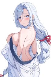Rule 34 | 1girl, absurdres, back, blue eyes, blush, braid, breasts, covering breasts, covering privates, genshin impact, grey hair, hair ornament, hair over one eye, highres, large breasts, long hair, looking at viewer, parted lips, partially undressed, rosumerii, shenhe (genshin impact), solo, very long hair, white background, white hair