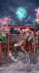 Rule 34 | 1girl, absurdres, architecture, arm above head, ascot, between fingers, black footwear, blunt bangs, bow, box, brown hair, cherry blossoms, cloud, detached sleeves, donation box, east asian architecture, expressionless, frilled skirt, frills, full body, gibbous moon, gohei, hair blowing, hair bow, hair tubes, hakurei reimu, highres, holding, lantern, long hair, looking at viewer, mary janes, moon, night, night sky, ofuda, outdoors, outstretched arm, petals, ponytail, red eyes, red skirt, red vest, ribbon-trimmed legwear, ribbon-trimmed sleeves, ribbon trim, shoes, shounen (hogehoge), shrine, skirt, sky, solo, stairs, standing, stone walkway, thighhighs, torii, touhou, tree, very long hair, vest, wide shot, wind, wooden lantern, yellow ascot