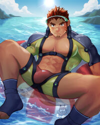 Rule 34 | 1boy, :/, abs, afloat, akashi (live a hero), akashi (water bullet) (live a hero), bara, blush, bodysuit, bulge, character print, cropped legs, facial hair, goatee, gorioxxxx, green bodysuit, green male swimwear, large pectorals, live a hero, long sideburns, looking at viewer, male focus, male swimwear, muscular, muscular male, ocean, official alternate costume, on innertube, pectoral cleavage, pectorals, red eyes, red hair, red male swimwear, ryekie (live a hero), scar, scar on face, scar on nose, see-through, short hair, shy, sideburns, solo, spread legs, swim briefs, thick eyebrows, v-shaped eyebrows