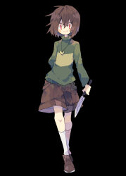 Rule 34 | 1other, ahoge, arm at side, arm behind back, black background, blush, brown footwear, brown hair, brown shorts, chara (undertale), child, closed mouth, full body, green sweater, hair between eyes, heart, heart necklace, highres, holding, holding knife, jewelry, kneehighs, knife, long sleeves, looking at viewer, necklace, nikorashi-ka, no nose, red eyes, short hair, shorts, smile, socks, standing, striped clothes, striped sweater, sweater, turtleneck, turtleneck sweater, undertale, white socks, yellow sweater