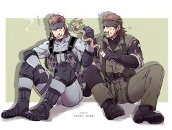 Rule 34 | 10s, 2013, 2boys, 50yen, ammunition pouch, bandana, beard, belt, big boss, boots, brown eyes, brown hair, chinese zodiac, cigarette, combat boots, eating, elbow pads, english text, eyepatch, facial hair, father and son, fingerless gloves, gloves, green eyes, headband, holster, load bearing vest, magazine (weapon), male focus, md5 mismatch, metal gear (series), metal gear solid, metal gear solid: peace walker, metal gear solid 2: sons of liberty, metal gear solid 3: snake eater, mullet, multiple boys, naked snake, name connection, new year, object namesake, pouch, pun, short hair, sitting, skewer, smoking, snake, snake (chinese zodiac), sneaking suit, solid snake, thigh holster, time paradox, translation request