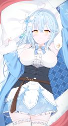 Rule 34 | 1girl, ahoge, arm up, armpits, bare shoulders, blouse, blue flower, blue hair, blue jacket, blue nails, blue skirt, blush, braid, breasts, closed mouth, commentary request, flower, frilled skirt, frilled thighhighs, frills, fur-trimmed sleeves, fur trim, hair between eyes, hair flower, hair ornament, half updo, heart, heart ahoge, highres, hololive, jacket, large breasts, long hair, long sleeves, looking at viewer, multicolored hair, nail polish, open clothes, open jacket, pillow, pinching sleeves, plaid, pleated skirt, pointy ears, print skirt, ribbon-trimmed legwear, ribbon trim, shirt, skirt, sleeveless, sleeveless shirt, sleeves past wrists, snowflake print, solo, starfox1015, streaked hair, thighhighs, underboob, very long hair, virtual youtuber, wavy mouth, white flower, white shirt, white thighhighs, yellow eyes, yukihana lamy