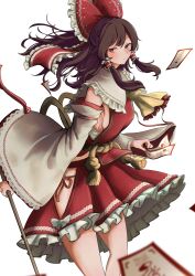 Rule 34 | 1girl, absurdres, ascot, bare shoulders, blurry, blush, bow, breasts, brown hair, closed mouth, cowboy shot, depth of field, detached sleeves, expressionless, frilled bow, frilled shirt collar, frilled skirt, frills, gohei, hair bow, hair tubes, hakurei reimu, highres, lace, lace-trimmed bow, lace-trimmed ribbon, lace trim, long hair, long sleeves, looking at viewer, medium breasts, mesuosushi, ofuda, red bow, red eyes, red shirt, red skirt, ribbon, ribbon-trimmed sleeves, ribbon trim, sarashi, shirt, sideboob, sidelocks, simple background, skirt, solo, standing, touhou, white background, white sleeves, wide sleeves, yellow ascot